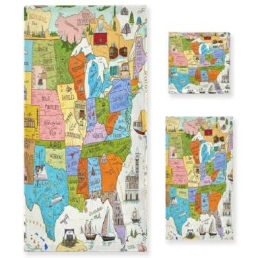Imagem de STAYTOP Conjunto de toalhas de mapa do mundo colorido, 3 peças, toalha de secagem rápida altamente absorvente para academia, spa, banheiro
