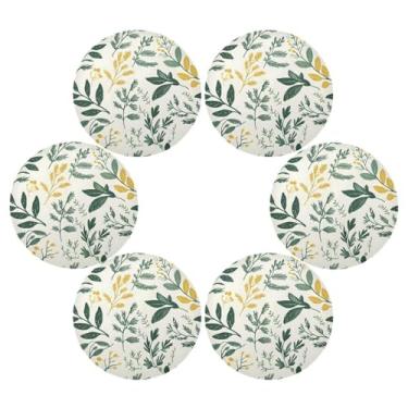 Imagem de Wassud Jogo americano conjunto de 6 tapetes redondos de folhas verdes para cozinha e jantar, tapetes laváveis e resistentes ao calor, decoração de mesa 39 cm