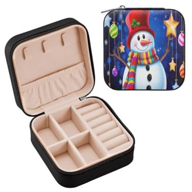 Imagem de Wassud Estojo de joias de viagem de boneco de neve com estrelas para mulheres, meninas, senhoras, noiva, mini organizador de joias de couro PU, caixa quadrada de armazenamento de joias para brincos