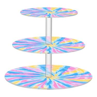 Imagem de CEBUGI Suporte de cupcake de 3 camadas, arco-íris, tie-dye redondo, suporte de bolo, bandeja de servir em camadas de acrílico para chá, chá de bebê, casamento e mais