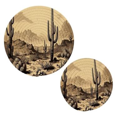 Imagem de Wassud Conjunto vintage de cacto para pratos quentes, suportes de panela redondos, almofadas quentes de algodão, porta-copos elegantes, decoração de cozinha e acessórios, 2 peças