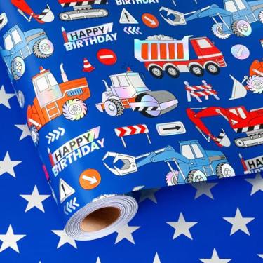 Imagem de Homeral Blue Construction Truck Rolo de papel de embrulho de aniversário para crianças, caminhão trator escavador com brilho a laser e estrelas, embalagem de presente reversível para meninos, chá de