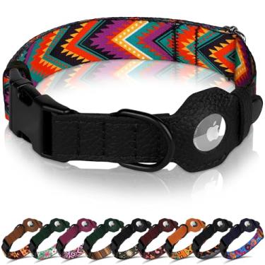 Imagem de Coleira para cães AirTag com fivela de metal - Coleira de couro macio de nylon impresso com suporte Apple AirTag - Coleiras de rastreamento seguro para animais de estimação para meninas e meninos