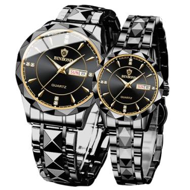 Imagem de FANMIS Par de relógios de quartzo, calendário luminoso, à prova d'água, vestido de negócios, luxuoso, para ele e ela, relógio de pulso de aço inoxidável, para casal, casamento romântico, Preto