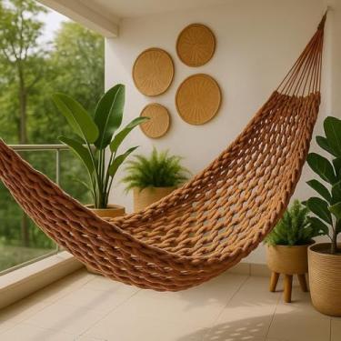 Imagem de Rede de Descanso, Confeccionada em AlgodãO ConfortáVel e Resistente, Adequada Para Uso Interno e Externo.(Rede Trançada Caramelo)