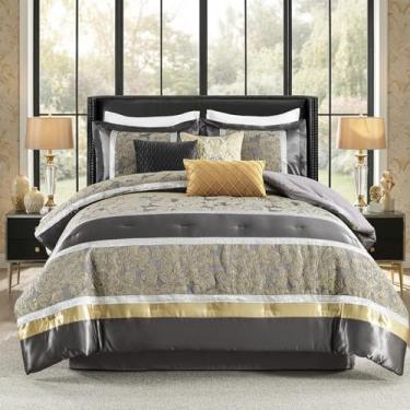 Imagem de Finlonte Conjunto de edredom king size, cinza dourado, bege, cama de 7 peças em uma bolsa para todas as estações, patchwork de jacquard floral vintage luxuoso, extremamente macio, conjunto de cama com