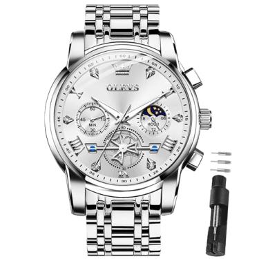 Imagem de OLEVS Relógios masculinos de luxo de aço inoxidável, relógio social fácil de ler, mostrador grande, cronógrafo, casual, analógico, números romanos, reloj para hombre, Pulseira prata face prata-2856
