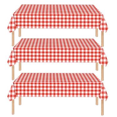 Imagem de 3 peças de toalha de mesa retangular retangular vermelha e branca 137 x 272 cm, capa de mesa xadrez descartável para piquenique, churrasco, festa de fazenda, aniversário de verão, casamento rústico