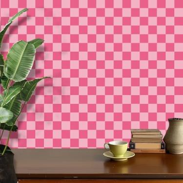 Imagem de Amiya Papel de parede quadriculado rosa choque destacável e cole quadriculado moderno papel de parede mosaico vinil autoadesivo papel de parede removível para armários, forro de prateleira, quarto, 43