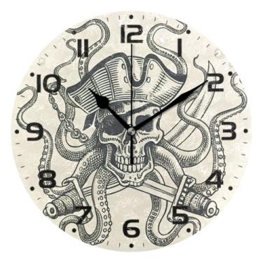 Imagem de JUZIHAI Relógio de parede pirata silencioso, sem tique-taque, redondo, operado por bateria, fácil de ler, relógio decorativo de parede para casa, cozinha, sala de estar, quarto, escritório, 25 cm