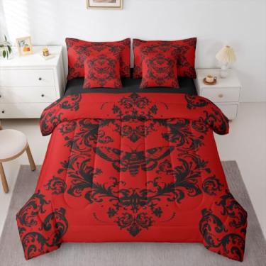 Imagem de Feelyou Conjunto de edredom para adultos, vintage, damasco, floral, damasco, 7 peças, tamanho Queen, gótico, mariposa, crânio, para crianças, meninos, meninas, oriental, antigo, decoração de quarto de