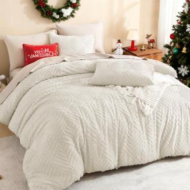 Imagem de Litanika Conjunto de edredom queen grande, bege, 3 peças, adornado em creme, boêmio, casa de fazenda, leve e fofo para todas as estações (edredom de 98 x 98 polegadas e 2 fronhas)