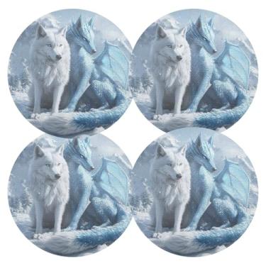 Imagem de Conjunto de 4 tapetes de mesa de PVC duráveis com dragão lobo, branco, azul, 38 cm, jogo americano resistente ao calor