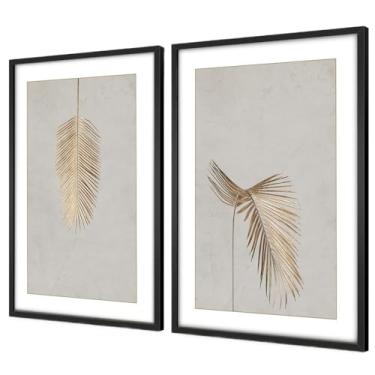 Imagem de Quadros Decorativos com Moldura Sala Quarto Duo Floral Folha de Palmeira Dourada com Textura Quadros e Obras de Arte(Preto 50x70 Com Vidro)
