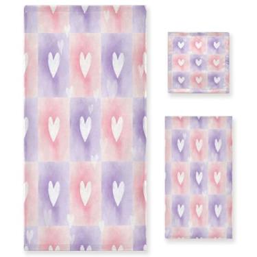 Imagem de Wassud Conjunto de 3 toalhas de banho de lavanda de coração branco, toalhas super macias e absorventes para banheiro, toalhas de banho de secagem rápida, toalha de banho para academia, spa, hotel