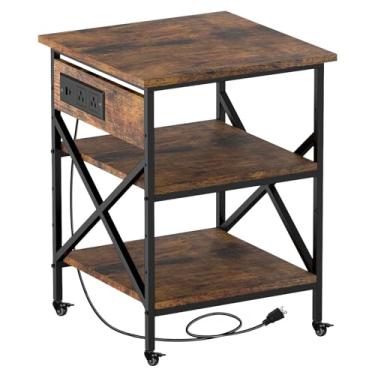 Imagem de TUMAN Pro Suporte de impressora grande com tomada elétrica, prateleiras ajustáveis de 3 níveis, carrinho móvel com rodízios industriais 60 x 60 x 76 cm para escritório doméstico - marrom rústico