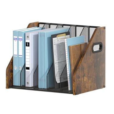 Imagem de Piskyet Organizador de fichário para mesa, suporte de arquivo de revista de mesa de madeira com 5 compartimentos verticais, organizador de arquivos para professores, escritório, espaço de trabalho