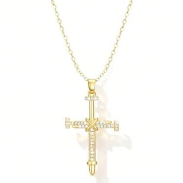 Imagem de Lyfange Colar de cruz de unhas para mulheres, colar grosso com pingente de cruz de ouro, colar de corrente de cristal preto, joia religiosa, presente para fé cristã, Medium, Metal, Sem Pedra Preciosa