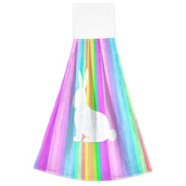 Imagem de Toalhas de mão com laço para pendurar arco-íris coelho branco coelho animal forno conjunto de 2, toalha de cozinha macia absorvente fofa decorativa, 18,2 x 14 polegadas