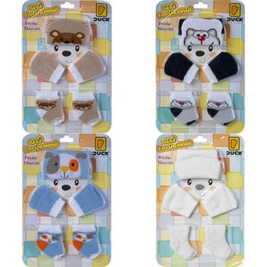 Imagem de Kit 4 Conjuntos Maternidade Touca Meia e Luva Bebê Recém-Nascido Menin