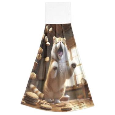Imagem de Toalhas de mão de primavera com laços para pendurar gato gordo pulando cachorro toalhas de gravata de forno conjunto de 2, toalha de mão de cozinha altamente absorvente decorativa, 46 x 35 centímetros