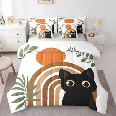 Imagem de Erosebridal Conjunto de edredom de gato engraçado com 7 peças, para crianças, vintage, meados do século, moderno, minimalista, animal, para meninas, meninos, adultos, boêmio, geométrico, abstrato