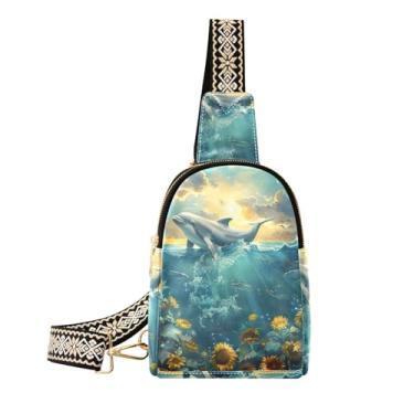 Imagem de CEBUGI Peixes Girassol Pequena Bolsa Feminina de Couro Crossbody Pochete Bolsa de Peito para Caminhadas, Viagens ao Ar Livre