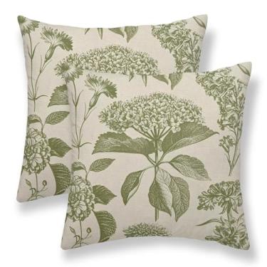 Imagem de Capas de almofada floral verde sálvia 45,7 x 45,7 cm, conjunto de 2 capas de almofada decorativas de hortênsia vintage de linho vintage para decoração de flores ao ar livre para sofá de casa