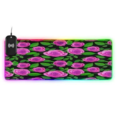 Imagem de CEBUGI Mouse pad de carregamento sem fio rosa roxo 15W mouse pad rápido para jogos com 14 iluminação LED RGB para jogos, PC, laptop, mesa 90,9 x 39,9 cm