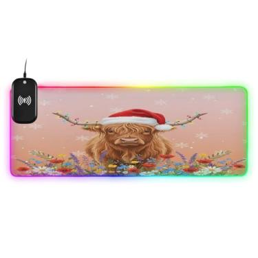 Imagem de CEBUGI Highland Cow Mouse Pad de carregamento sem fio 15 W rápido para jogos com 14 iluminação LED RGB para jogos, PC, laptop, mesa 80 x 30 cm