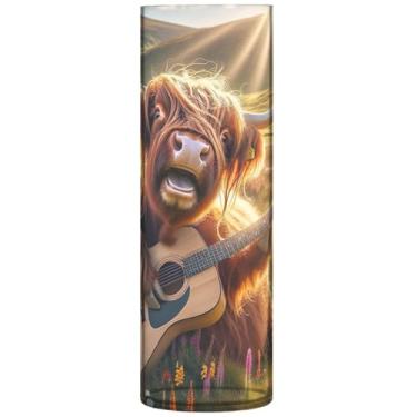 Imagem de Engraçado Vaca Highland Floral Cilindro Vasos de Flores para Centros de Mesa Personalizado Bonito Vaso Alto Plástico Floral Decoração de Quarto Moderno, 30 cm x 9,9 cm