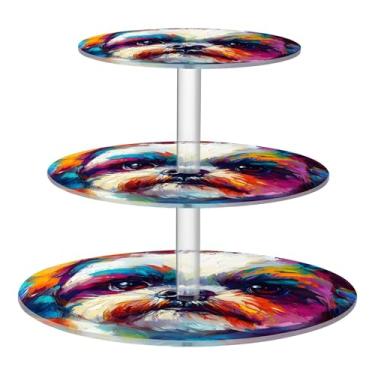 Imagem de Pintura colorida de cachorro Pug com suporte de cupcake de 3 níveis para festa, copo de acrílico, torre de bolo, decoração divertida de chá, bandeja de servir, suporte de comida, formatura