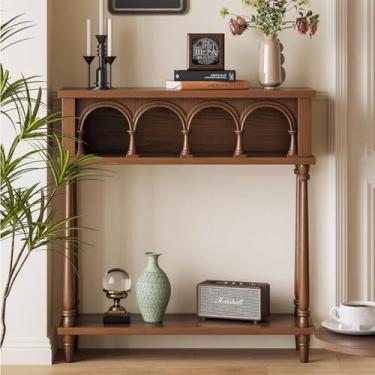 Imagem de NRNQMTFZ Mesa de console para entrada, mesa moderna de sofá de madeira de 2 camadas de meados do século, mesas de destaque de corredor retrô com prateleira de armazenamento para sala de estar