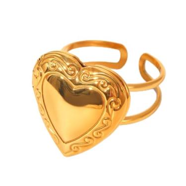 Imagem de Anel de medalhão moderno em forma de coração para mulheres, aço inoxidável, declaração, amor, coração, ajustável, anel aberto, noivado, amizade, eternidade, pulseiras que seguram foto fotográfica