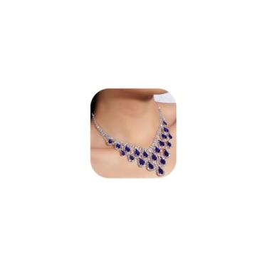 Imagem de Wekicici Conjunto de brincos de colar de casamento com pingente de cristal de lágrima brilhante conjunto de fantasia para mulheres (azul)
