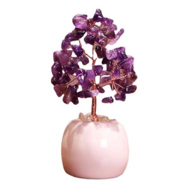 Imagem de Árvore de Cristal Pedra Preciosa Ametista Natural com Base Rosa Fio Cobre Dinheiro Feng Shui Decoração para Lar Escritório Mesa Quarto Estante Livros Terapia Chakra Riqueza Felicidade Bem-estar