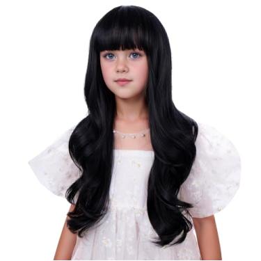 Imagem de Edivd Peruca Infantil Preta, Longa, Natural, Com Franja Lisa, Para Meninas, Ondulada, Cacheada, Infantil, Touca Sintética Resistente Ao Calor