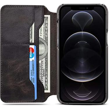 Imagem de ZEDEVB Capa flip para Apple iPhone 14 Plus (2022) 6,7 polegadas, cera de óleo couro de vaca à prova de choque capa carteira coldre [porta-cartão] (Cor: Preto)