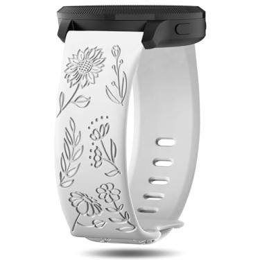 Imagem de Inhosper Pulseiras com gravação floral de 20 mm compatíveis com Garmin Vivoactive 6/5/3/Venu/Venu Sq/Venu 2 Plus/Forerunner 165/55/245/645, pulseira de relógio de silicone macio, estampa floral