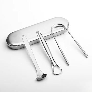 Imagem de Limpador de língua de metal, raspador de língua portátil de aço inoxidável com estojo de armazenamento de metal, conjunto de ferramentas de raspador de língua (prata, 3 peças)