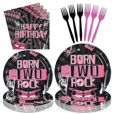 Imagem de 96Pcs Bad Two The Bone Birthday Decorations Rock and Roll 2nd Birthday Plates and Napkins Black Pink 2nd Tableware for 2 Years Old Rock Band Music Birthday Retro Bday Party Supplies Serves 24