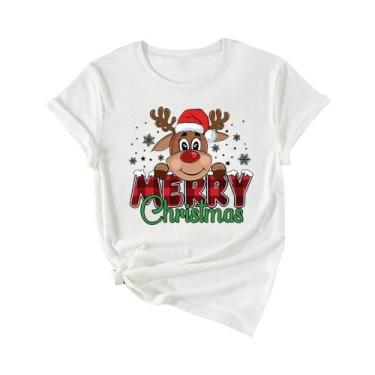 Imagem de Camisetas Femininas Vermelhas Com Estampa De Rena Feliz Natal, Casual,