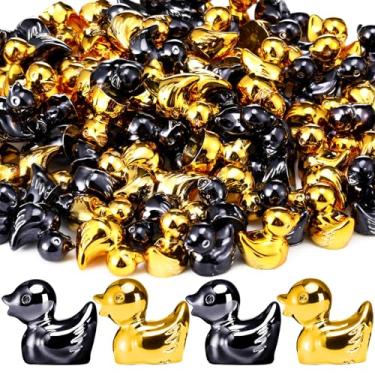 Imagem de Blueweenly 100 peças de mini figuras de pato de Natal brilhantes coloridas decoração de pato de Natal micro paisagem aquário jardim esconde-esconde charme para presente de festa (ouro e preto)