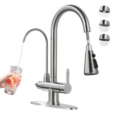 Imagem de Torneira de cozinha com torneira de filtro de água, torneira de água potável de aço inoxidável de níquel escovado, torneira de pia de cozinha de 2 alças de arco alto com pulverizador de puxar para