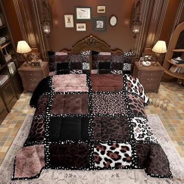 Imagem de Erosebridal Conjunto de cama King com estampa de leopardo marrom para crianças, adolescentes e adultos, conjunto de cama com textura de pele de animal, edredom geométrico, colcha de fazenda, decoração
