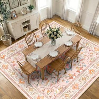 Imagem de RELEANY Tapetes quadrados, 3 metros, lavável, antiderrapante, estampa floral, vintage, tapete medalhão para sala de estar, quarto, sala de jantar, rosa claro, colorido