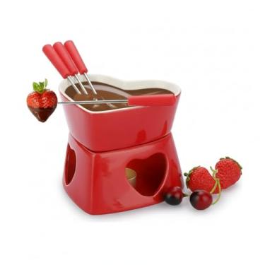 Imagem de Aparelho de Fondue 7 Peças com Bowl 320ml Suporte, Garfos e Vela em Aço e Cerâmica (Vermelho)