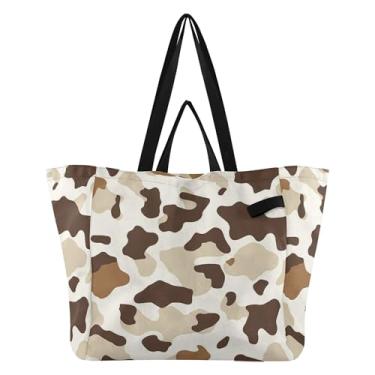 Imagem de SEHANY Sacolas de compras reutilizáveis com estampa de vaca marrom e branca com alças reforçadas, bolsa de compras de lona dobrável à prova d'água de grande capacidade para viagem, cozinha, praia