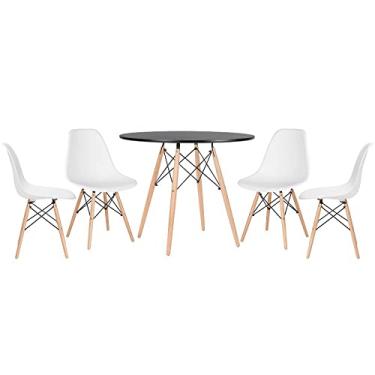 Imagem de Loft7, Kit Mesa Redonda Eames 90 cm Preto + 4 Cadeiras Eames DSW, Polipropileno, Aço e Madeira, Escritório, Sala de Estar e Sala de Jantar - Branco