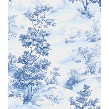Imagem de Laatse Papel de parede azul floresta descascar e colar, papel de contato com árvores vintage francesas, papel de parede botânico autoadesivo removível à prova d'água para banheiro, quarto, prateleira